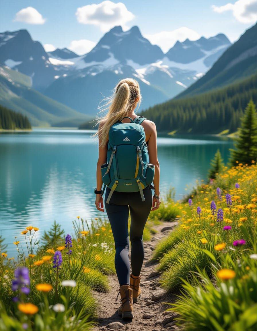 Blonde Hiker on Mountain Trail in Spring