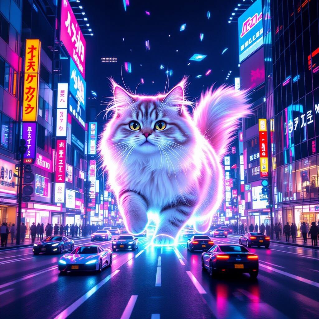 Giant Neon Cat Hologram Overwhelms Tokyo Streets