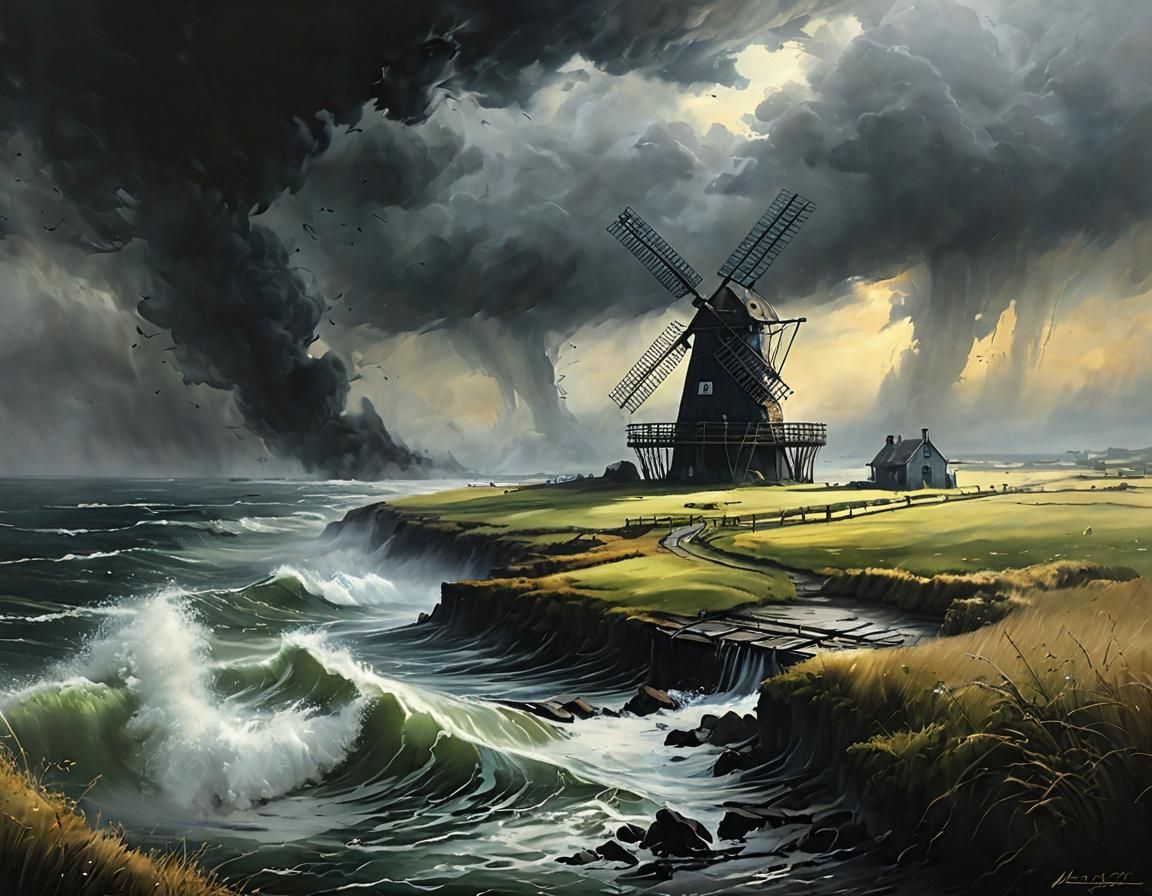 Windmill Battles Crashing Tides: Moody Oil Painting