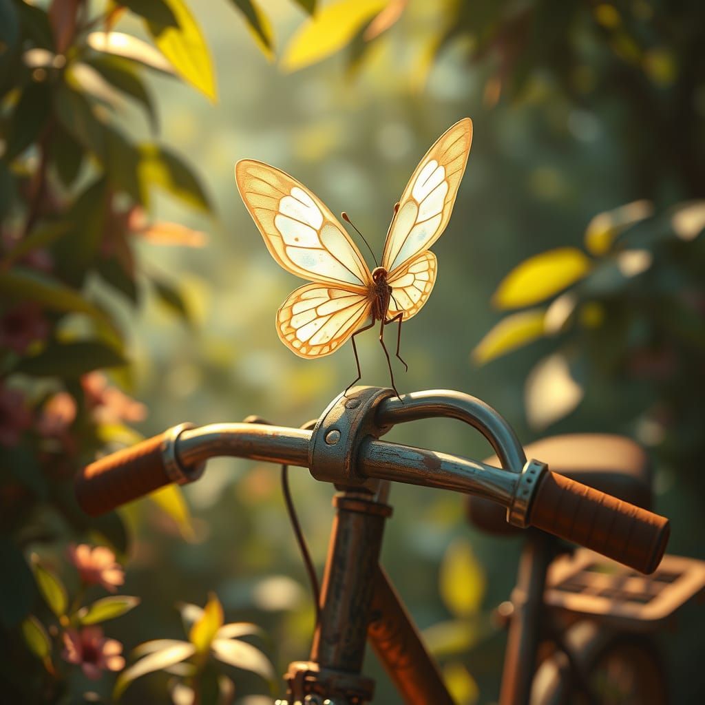 Delicate Butterfly Sings on Vintage Bicycle Amidst Vibrant F...
