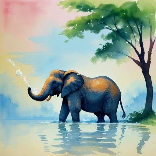 Elephant Splashing: Gouache Watercolor Impressionist Paintin...