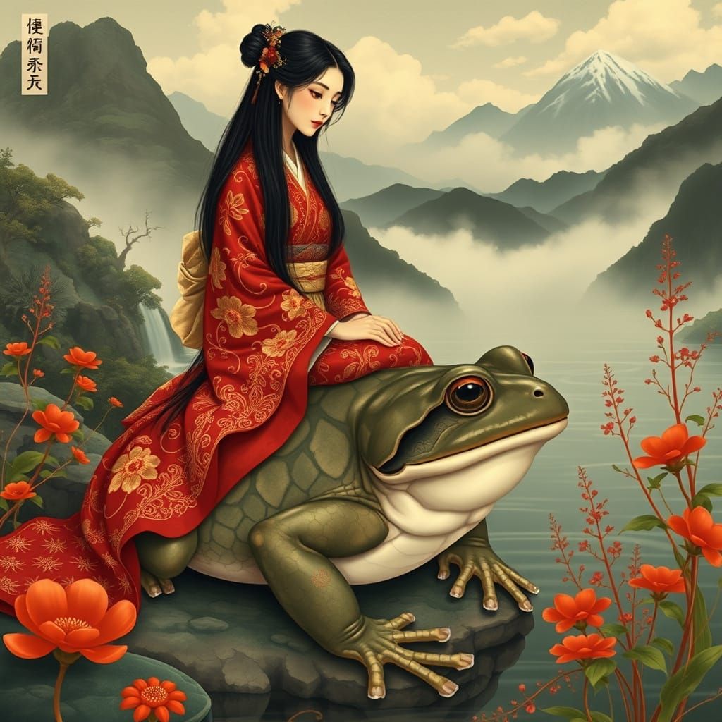 A very detailed painting of a woman sitting on top of a frog...