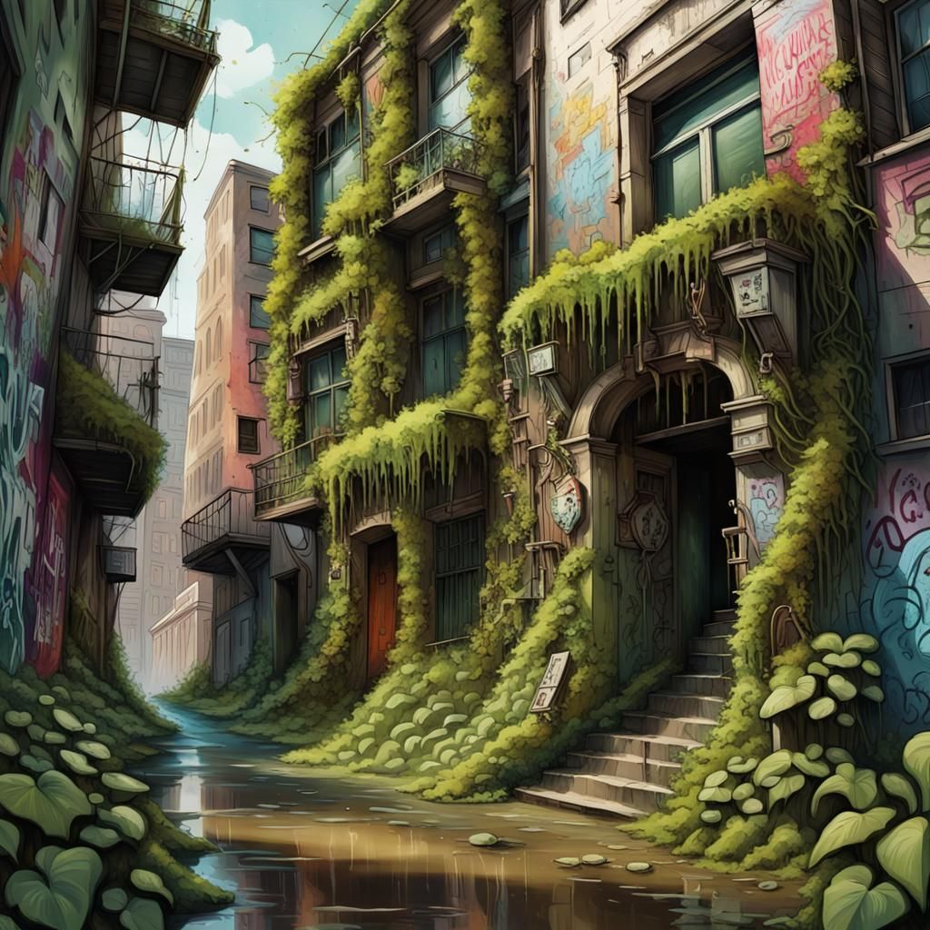 Graffiti Art: Overgrown City Covered in Vines
