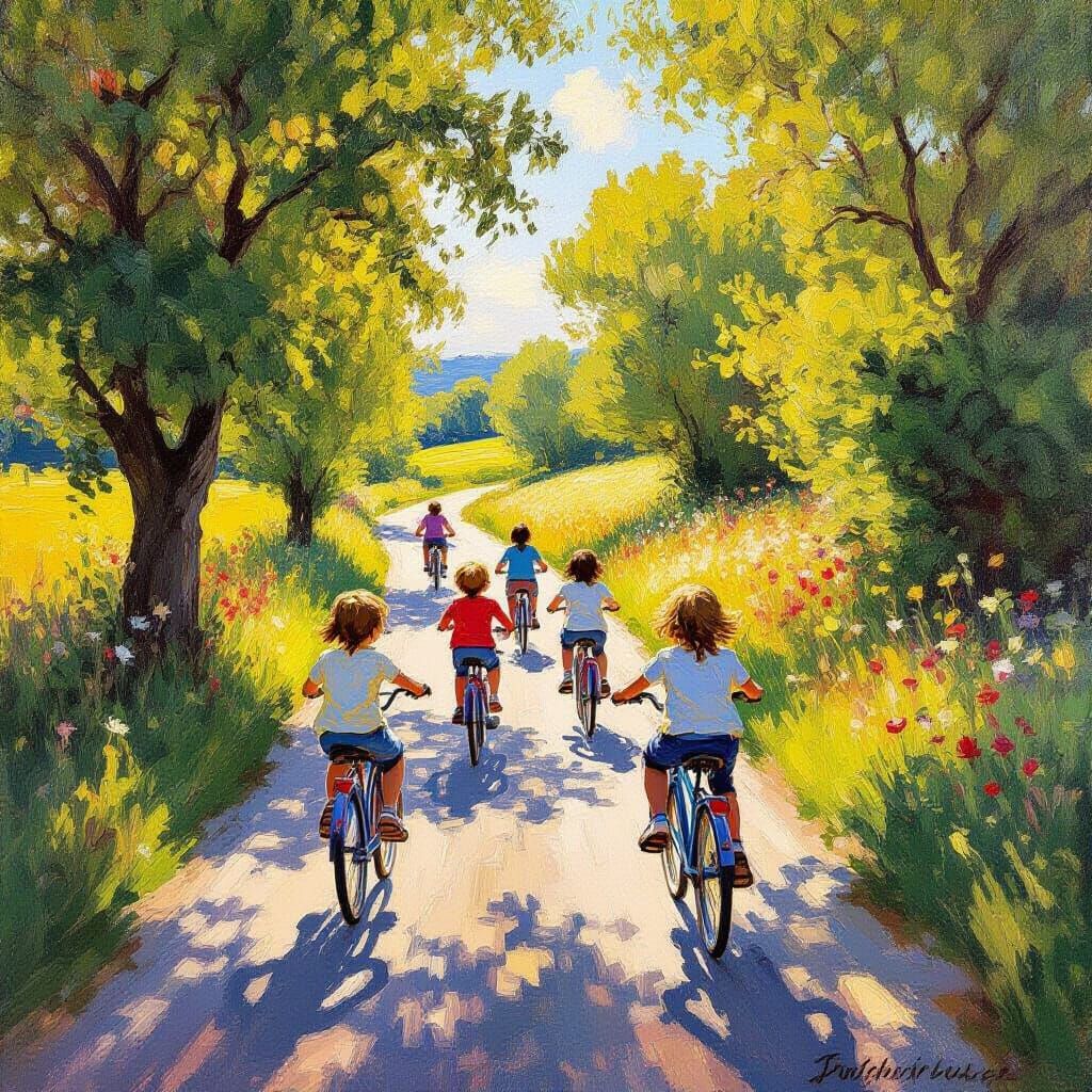 Children Cycling on Sun-Drenched Country Road in Impressioni...