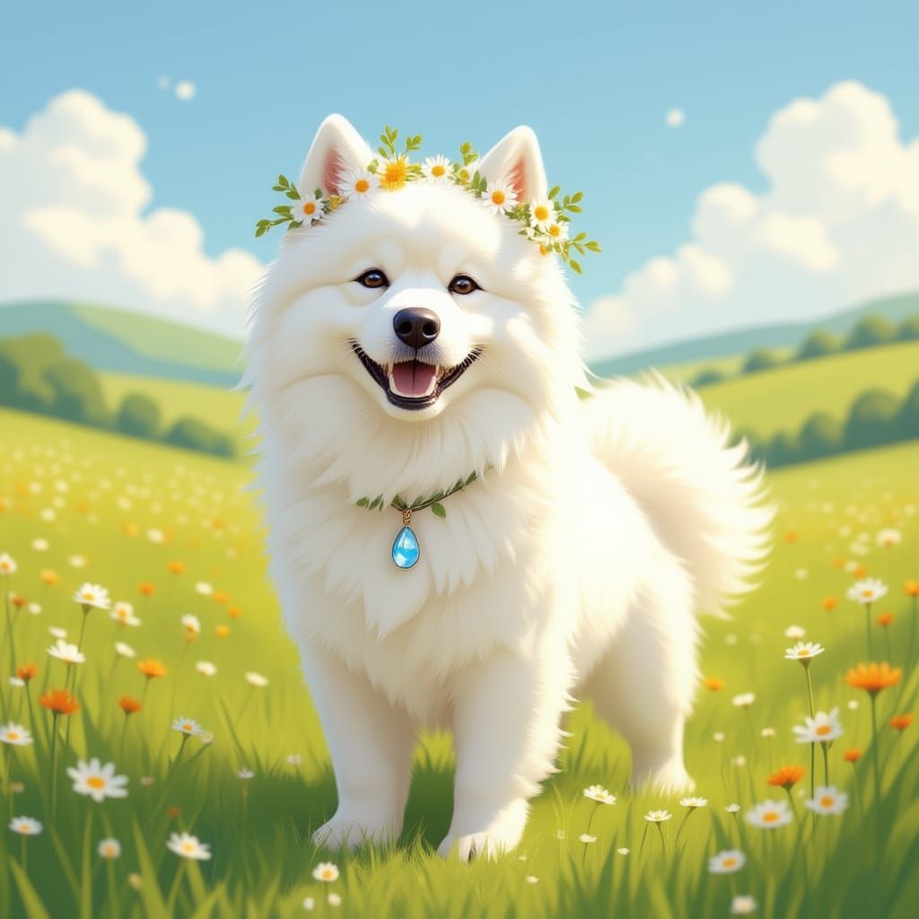 Majestic Samoyed Dog Crowned with Wildflowers in Sunlit Mead...