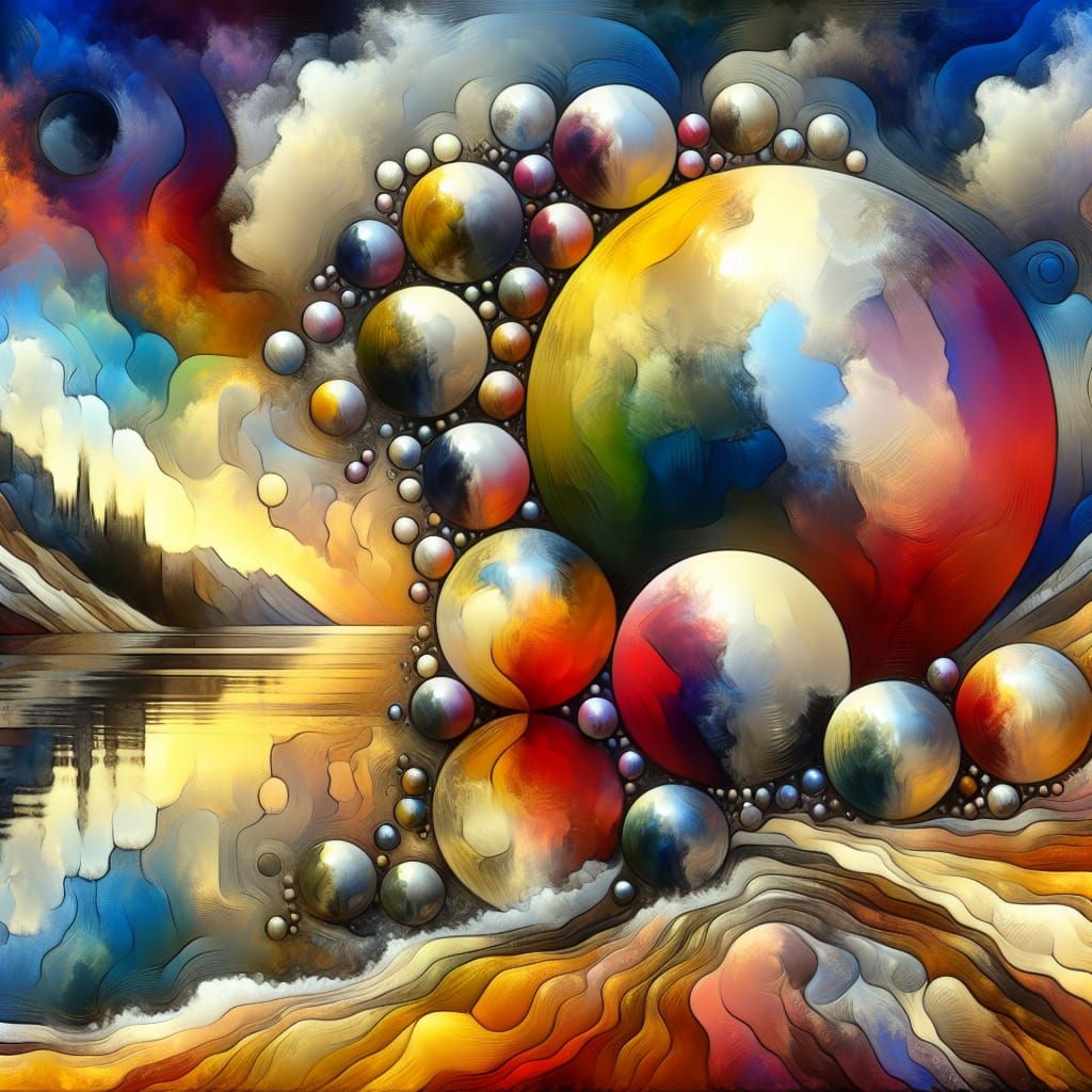 Surreal Orbs in Mountain Lake: Cubist Style