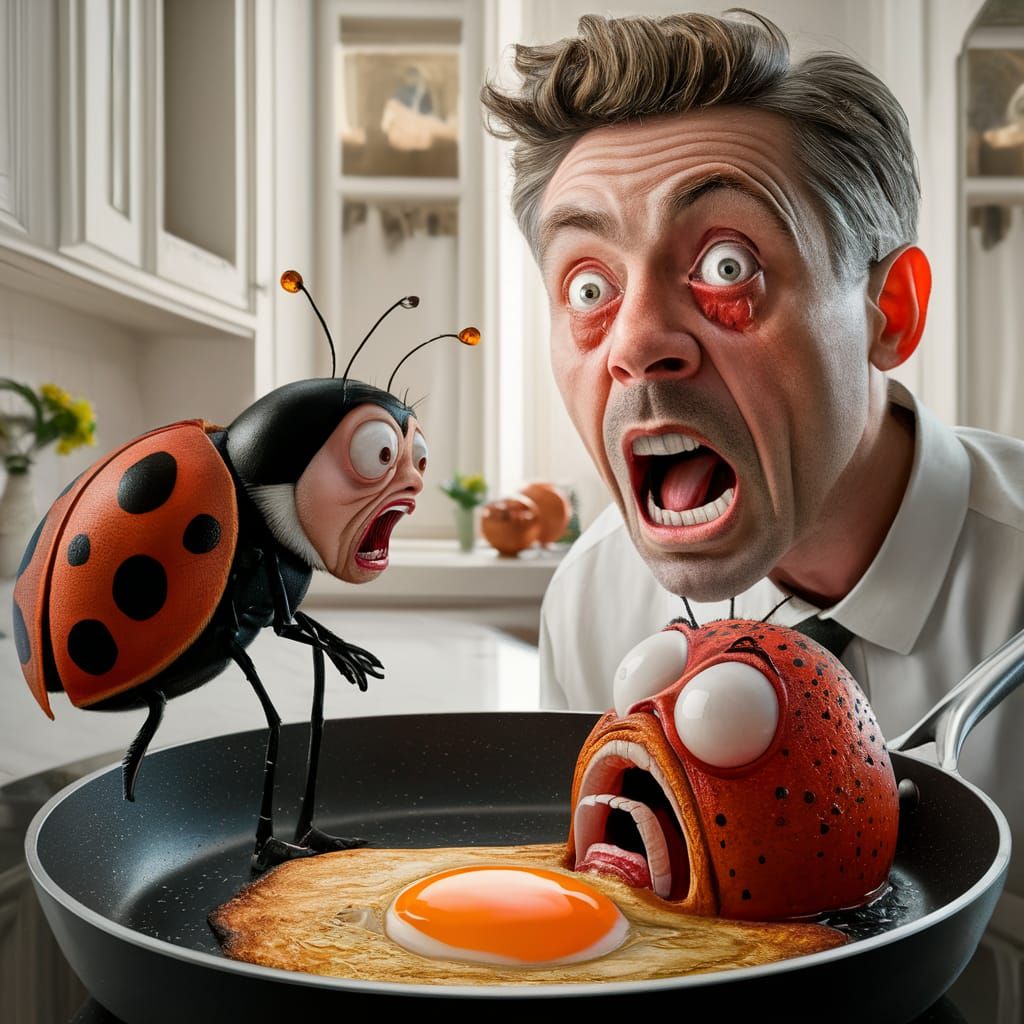THE MEN IS HORRIFIED OF WHAT CAME OUT OF THE EGG, AND THE LADYBUG IS WELLING BECAUSE SHE HAVE HER FOOTS IN THE HOT PAN.