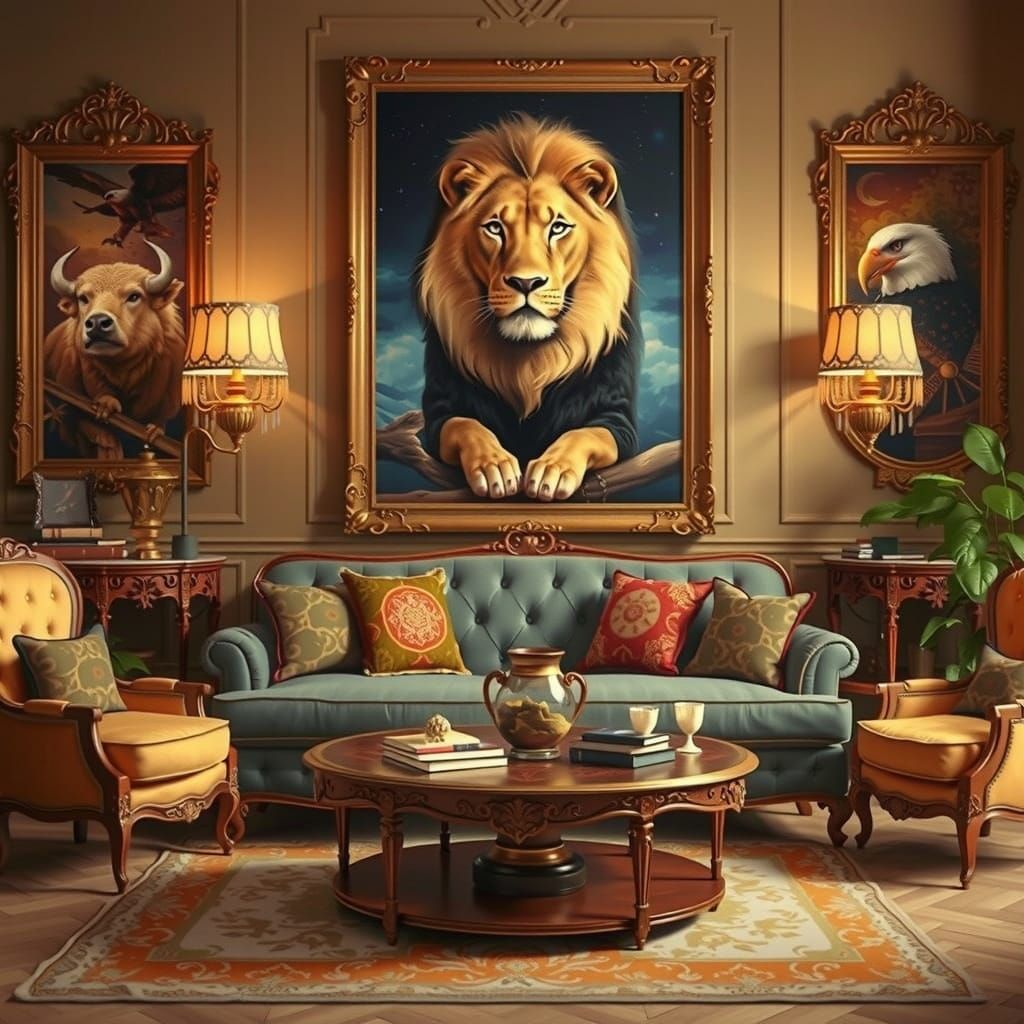 Cozy Living Room with Animal Portraits