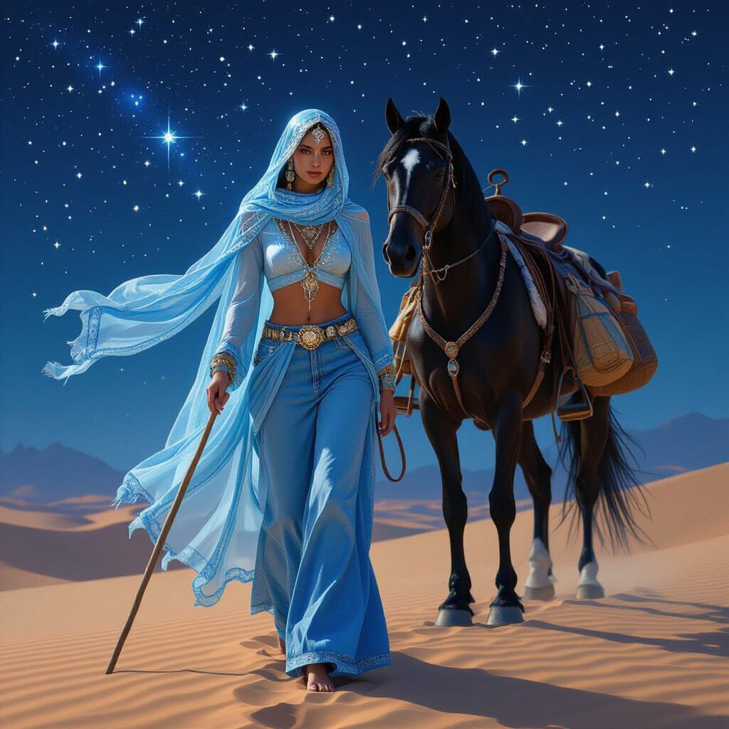 Latina Witch Walks Desert Dunes Under Starry Night Sky