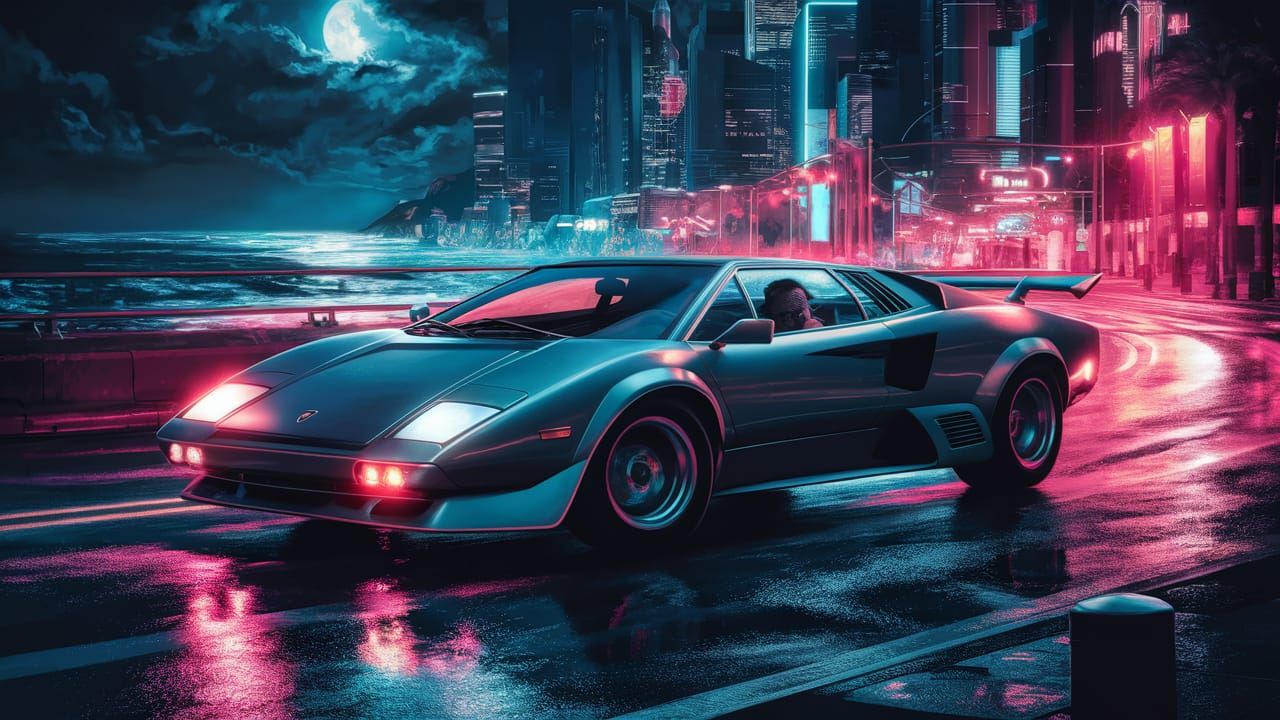Vaporwave Lamborghini Jalpa at Night