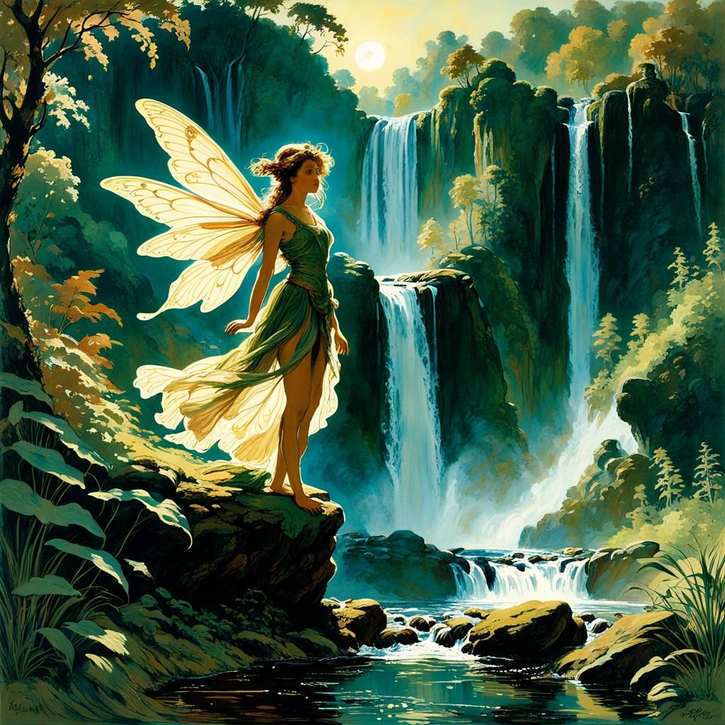 Fairy in Picturesque Landscape as Romantic Lithograph
