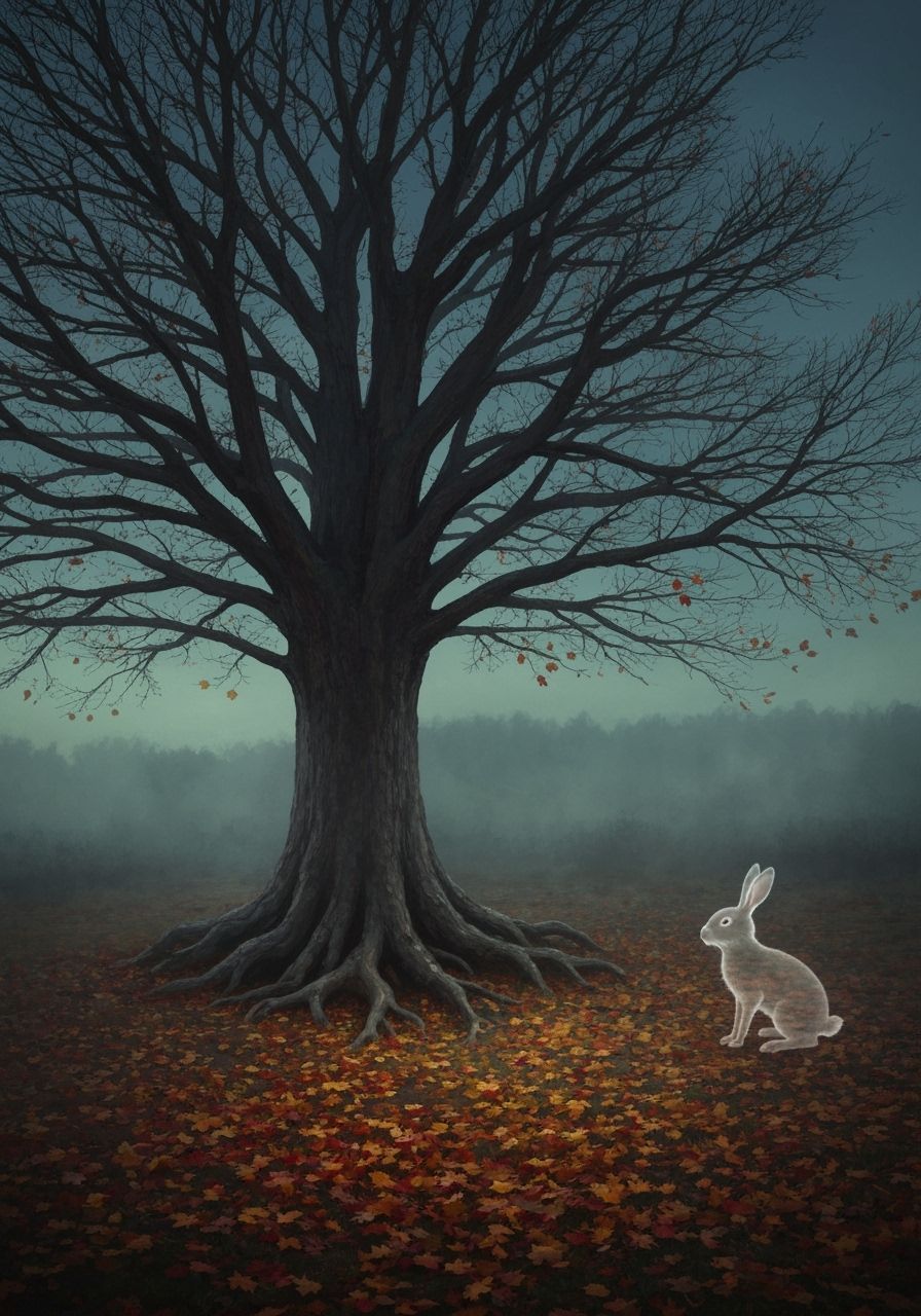 Ancient Oak Sentinel in Misty Clearing with Spectral Rabbit