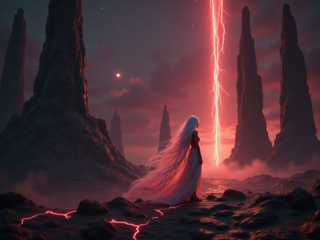 Woman in Ancient Dark Matter City with Crimson Energy