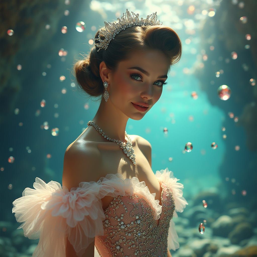 Retrofuturistic Supermodel in Lavish Underwater Cavern