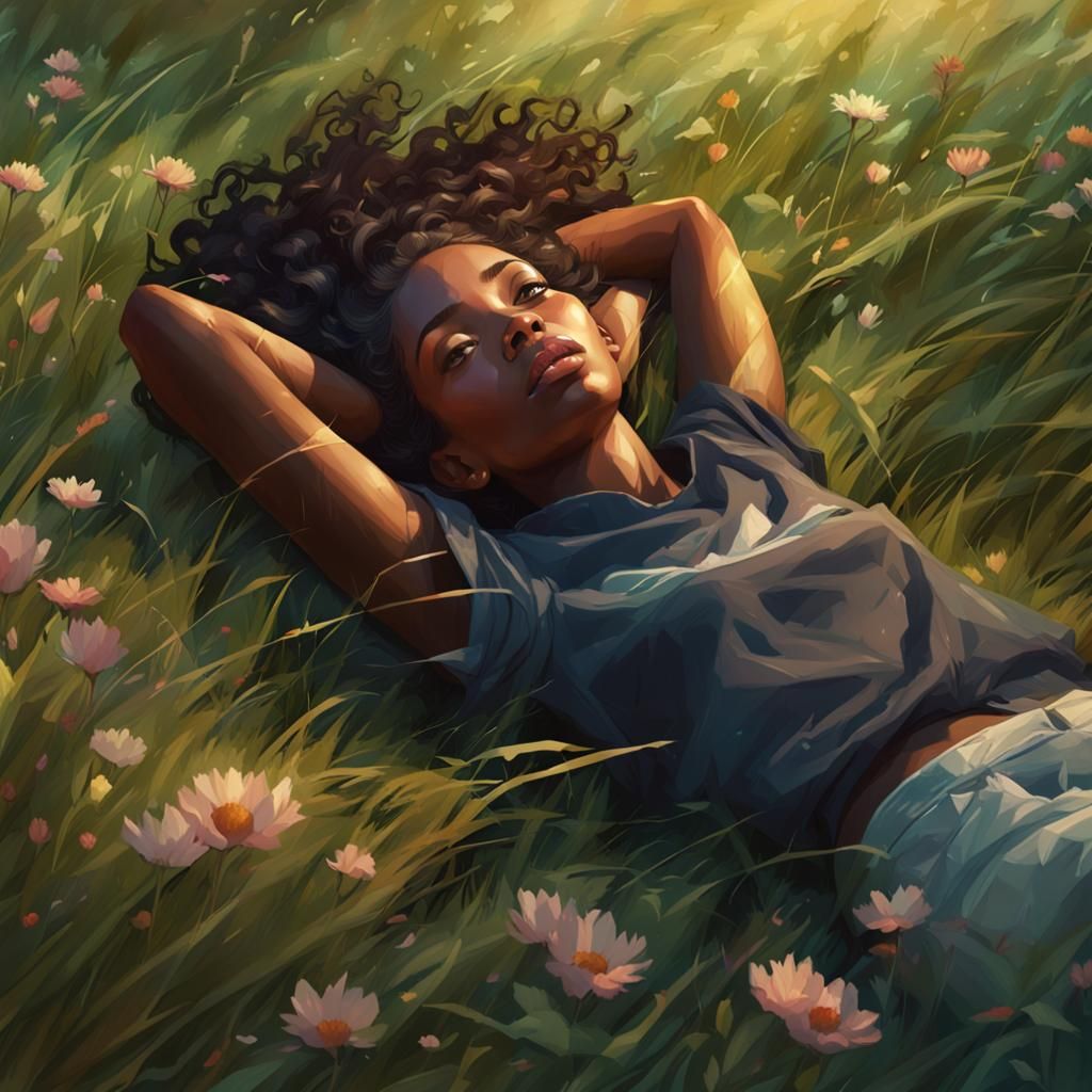 Black Girl Portrait in Grass, Hyperdetailed Art