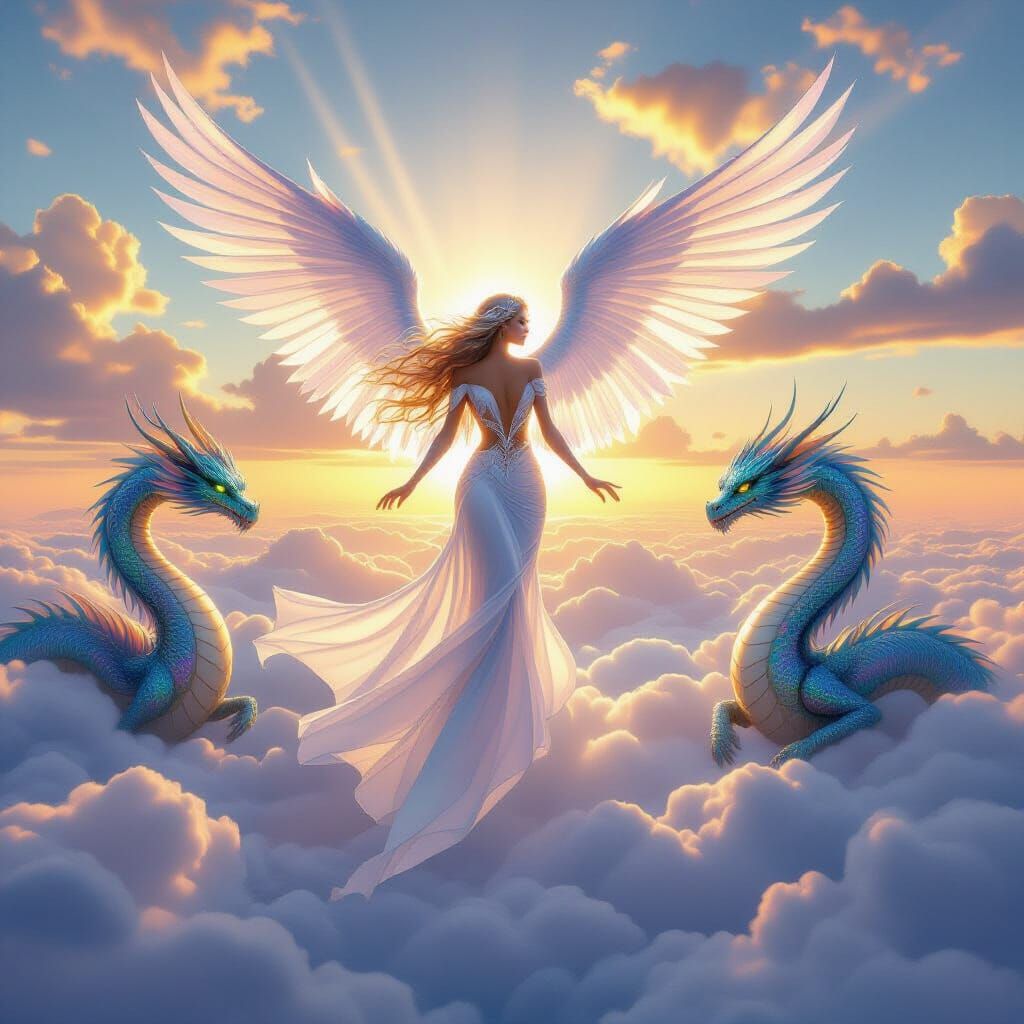 Ethereal Winged Woman Above Clouds with Iridescent Dragons