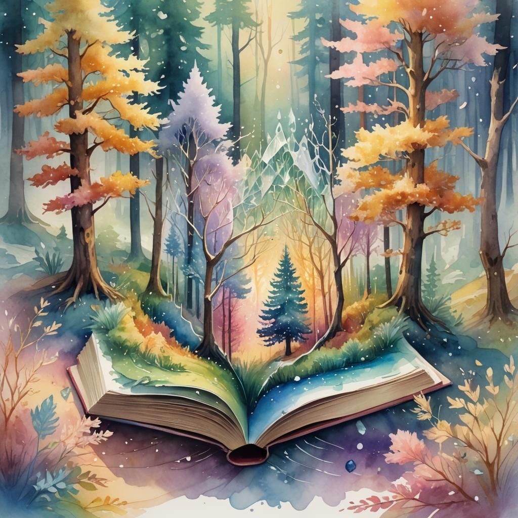 Forest Emerges from Book in Rainbow Watercolor