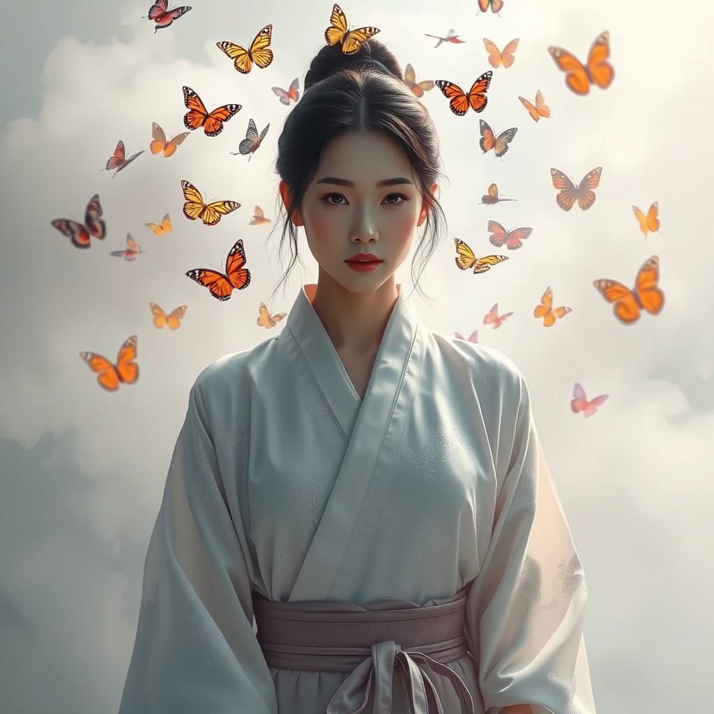 Hyperrealistic Asian Woman in White Kimono Emerging from Fog...