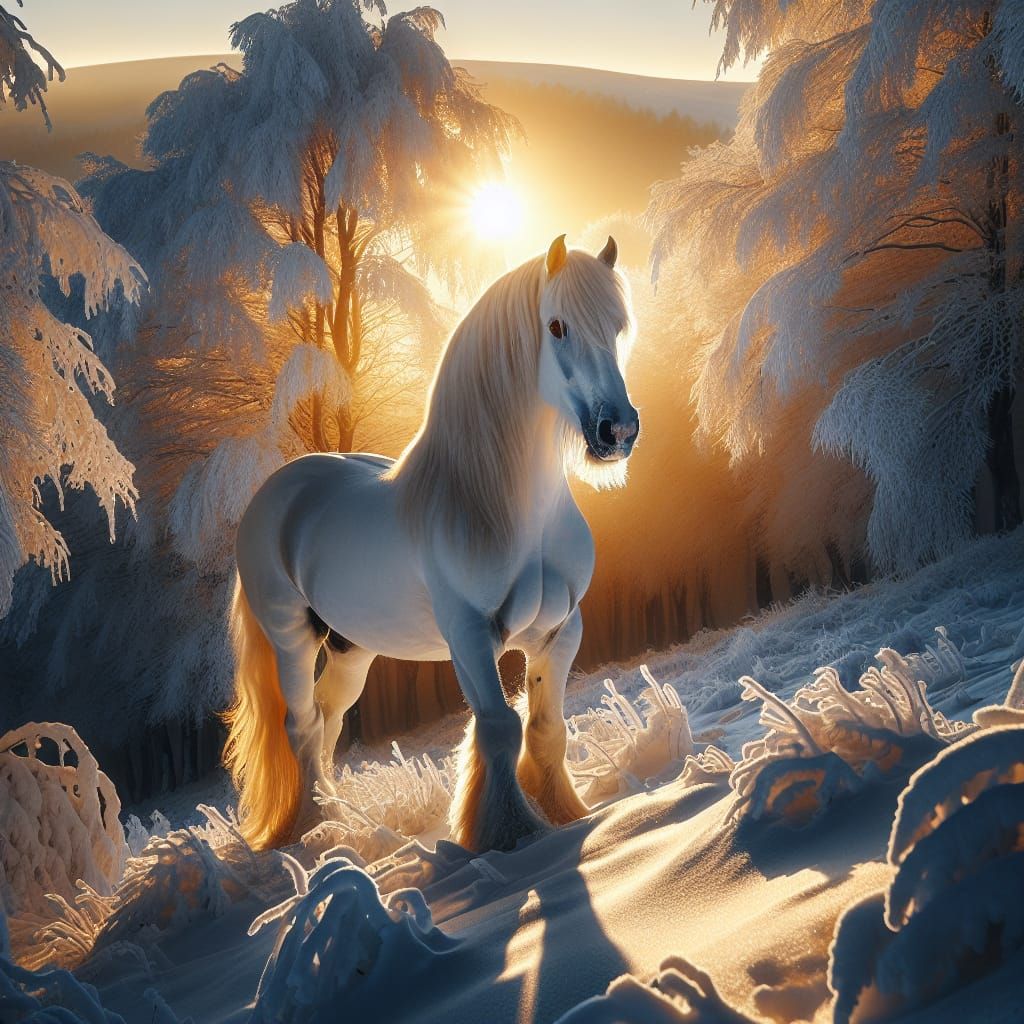 Majestic White Stallion in Winter Forest