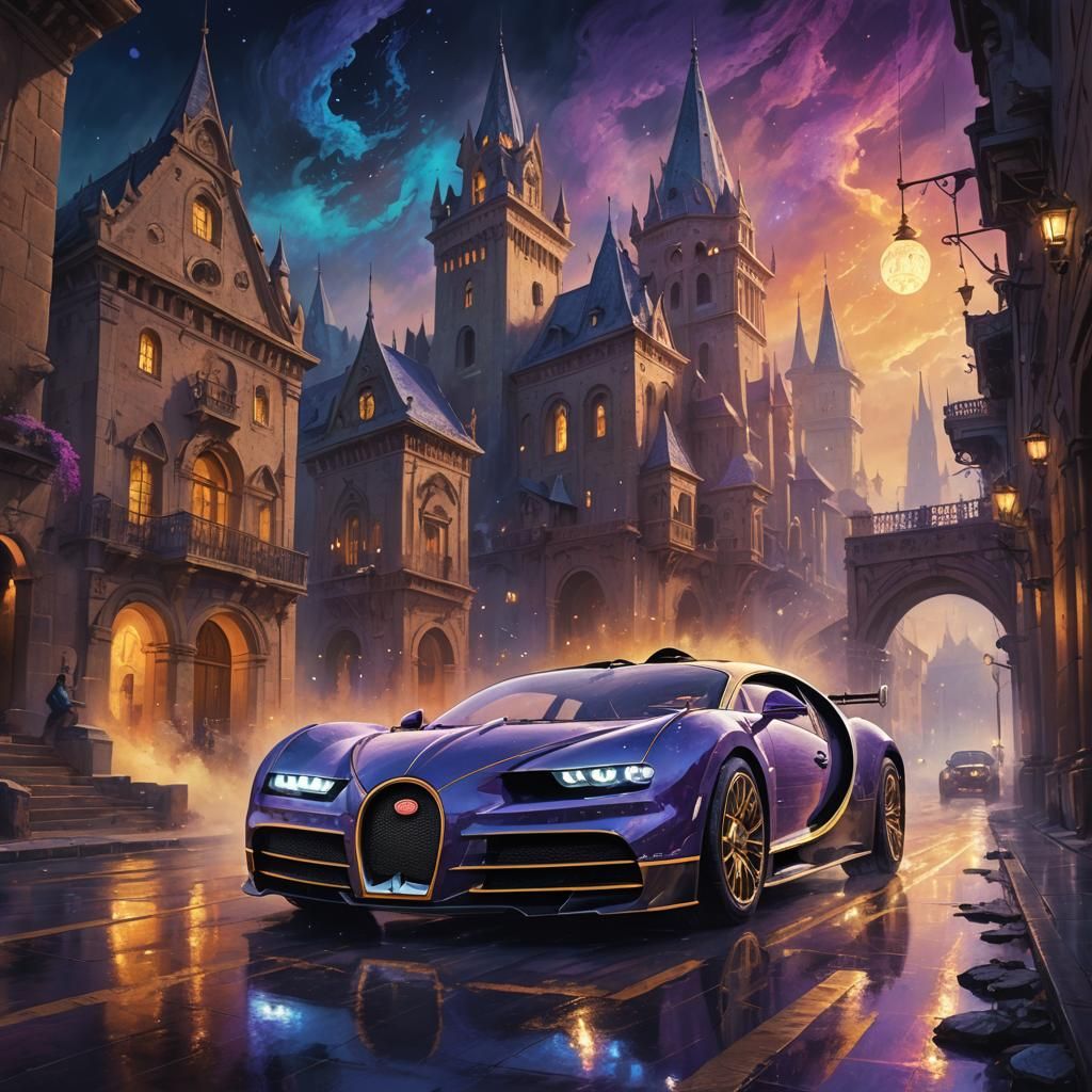 Bugatti Races Through Mystical City in Oil Painting
