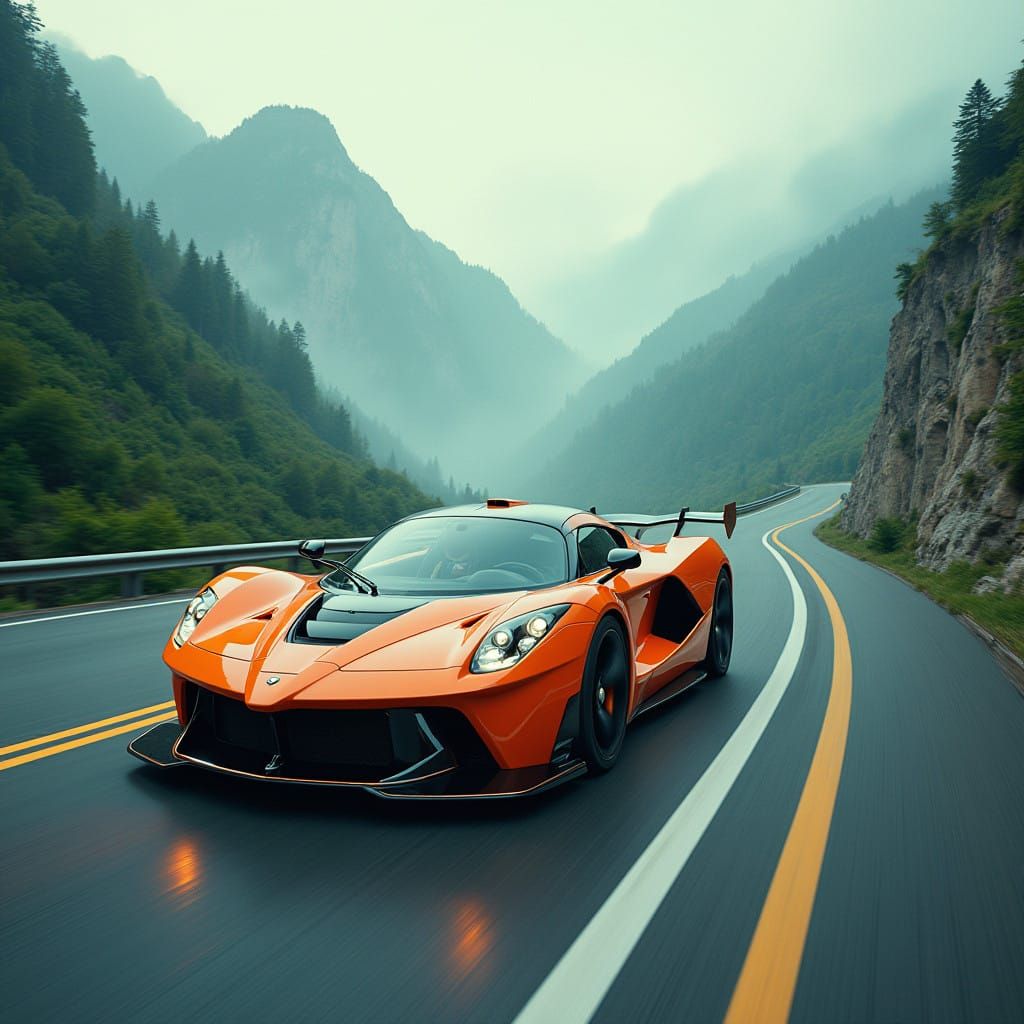 Futuristic Sports Car Speeds Down Mountain Road