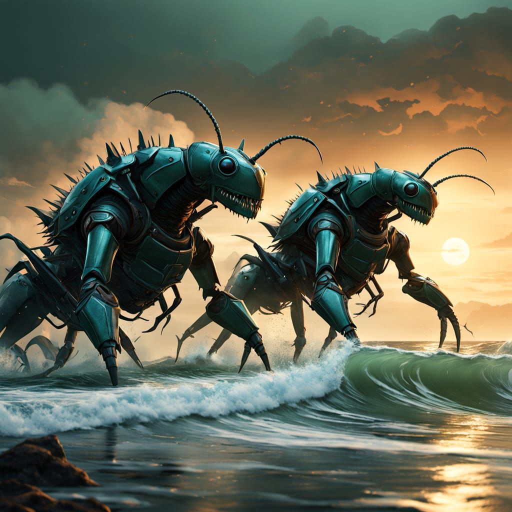 Ant Armies Clash on Greenish Shore: Fantasy Art