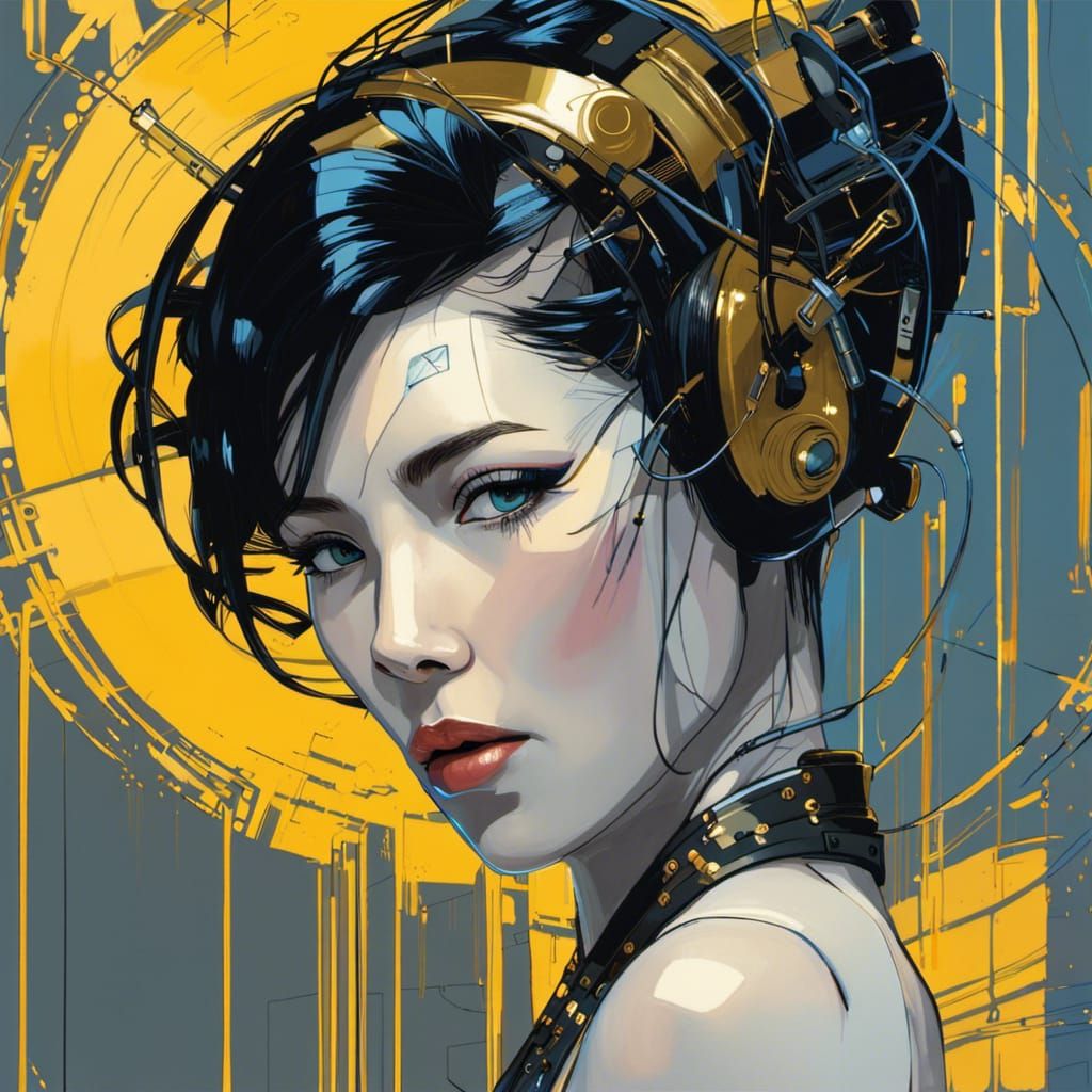 Cyberpunk Geisha with Golden Circuitry and Electronics