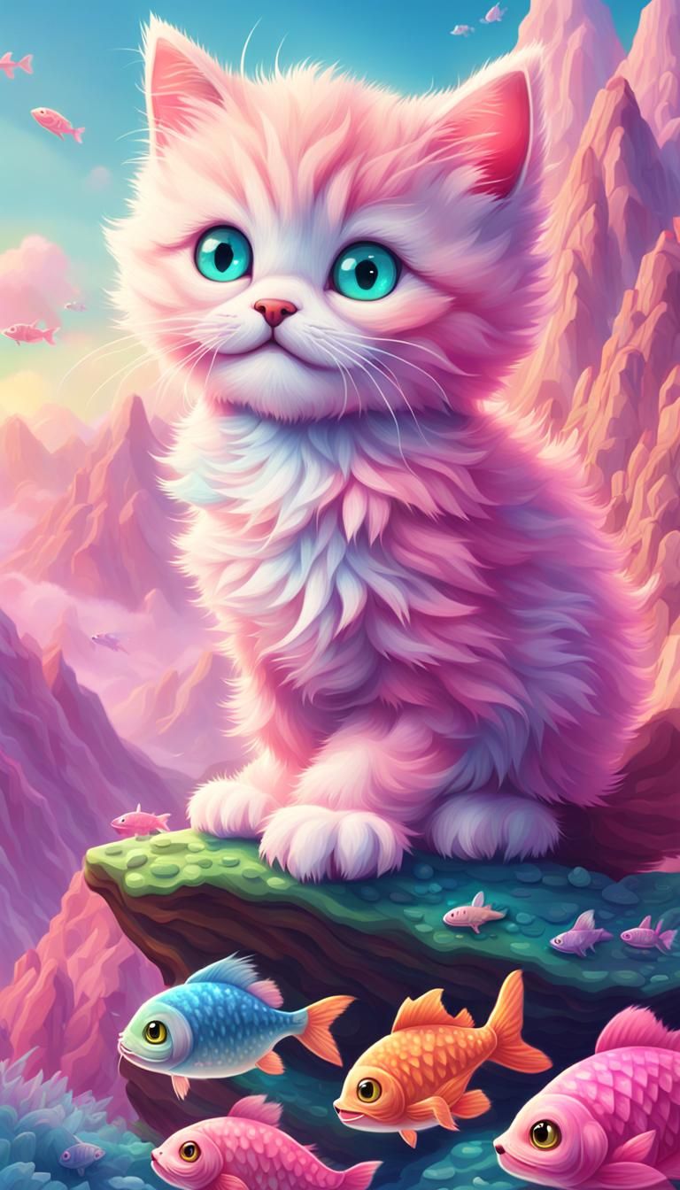 Pink Kitten on Fish Mountain: Pixar-Style 3D Art
