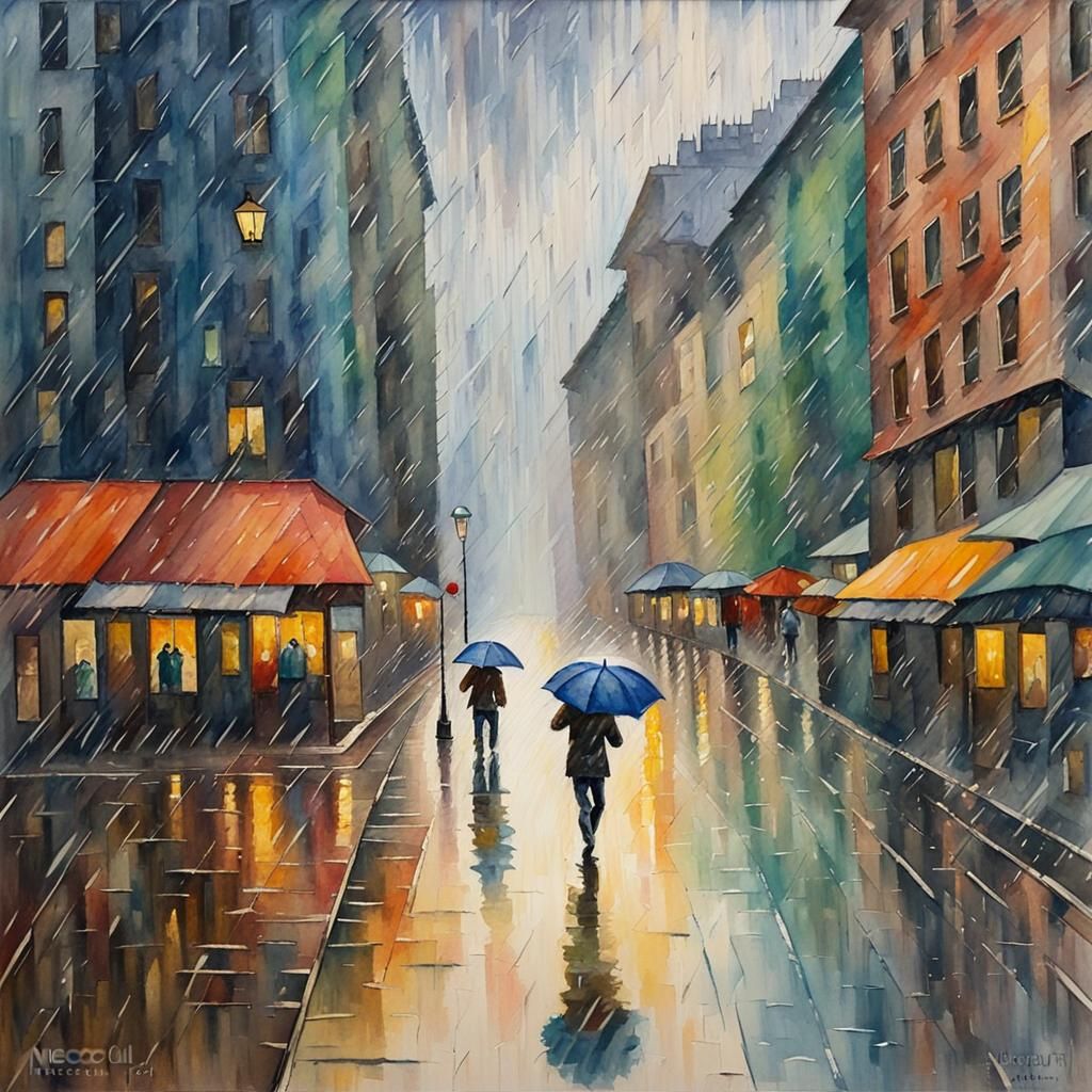 Cityscape in Rain: Expressionist Watercolor Painting