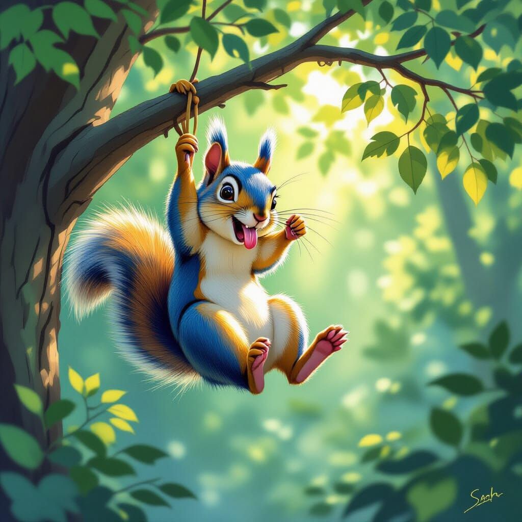 Mischievous Squirrel in Lush Forest, Whimsical Art