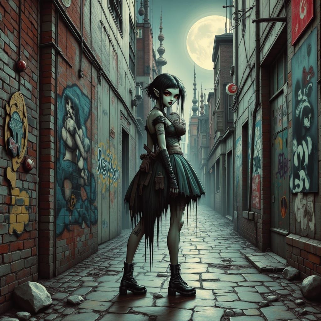 Gothic Punk Woman in Gritty Alleyway Spotlight
