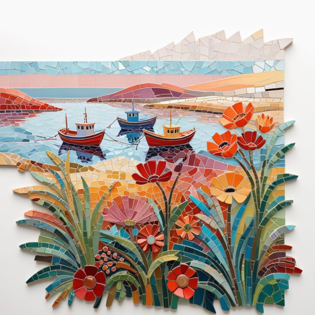 Golden Hour Harbour Scene Modern Mosaic Illustration