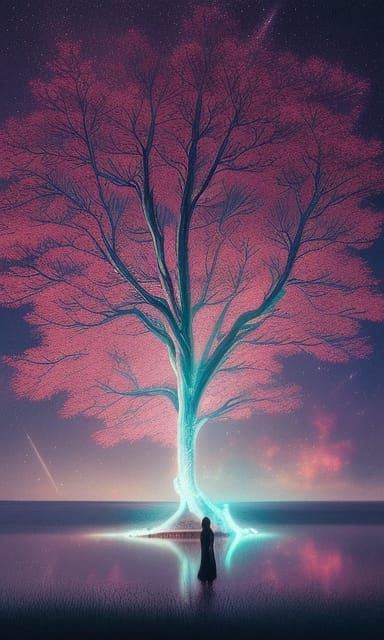 Luminous Oak Tree Reflecting Aurora Borealis, Digital Art