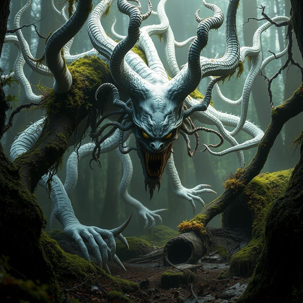 Mossy Medusa Creature in Dark Forest, Hyperdetailed Art