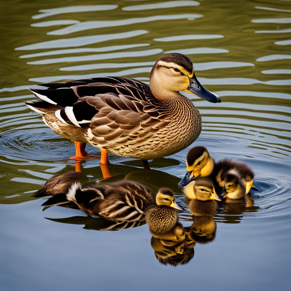 Ducks with Ducklings Swimming