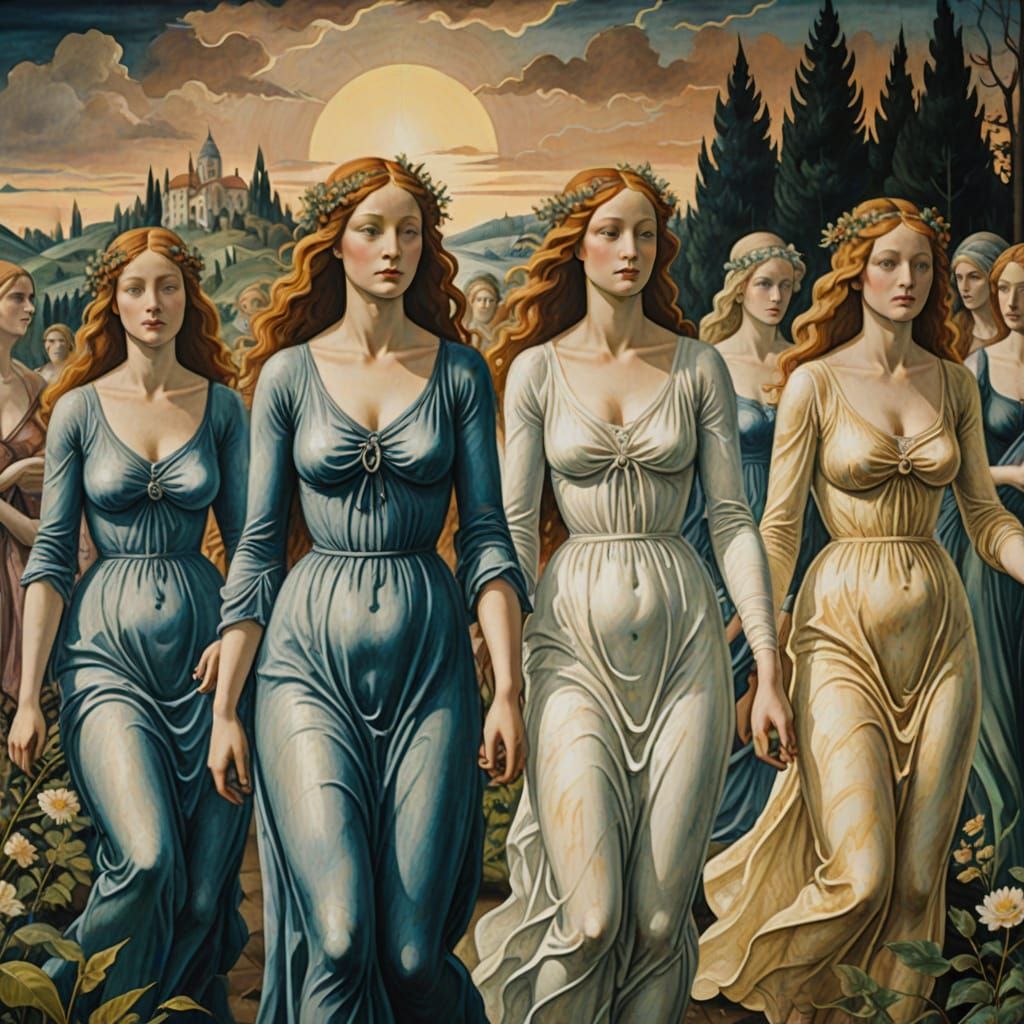 Botticelli Landscape with Dreamy Figures in Gouache