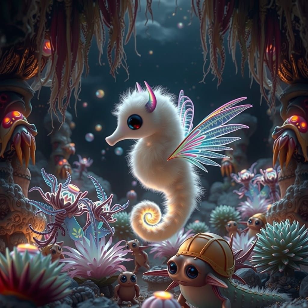 Rainbow Seahorse with Wings in Crystalline Cave