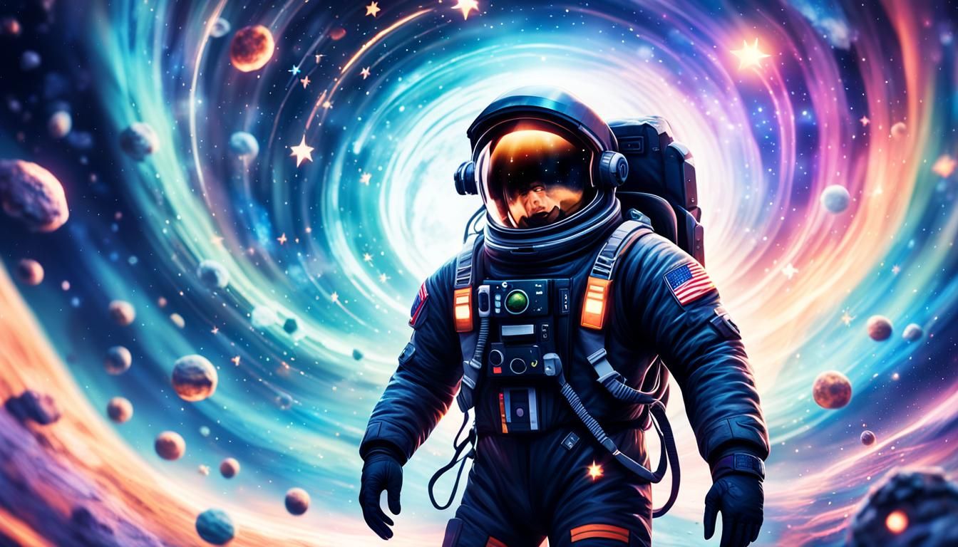 Astronaut Steps into Wormhole with Swirling Galaxies