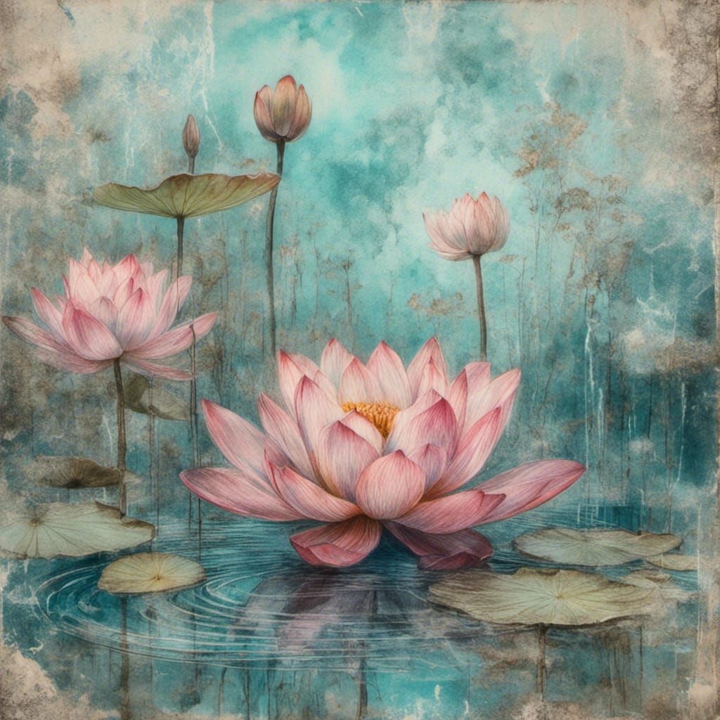 Ethereal Lotus Flower in Pastel and Collage Style