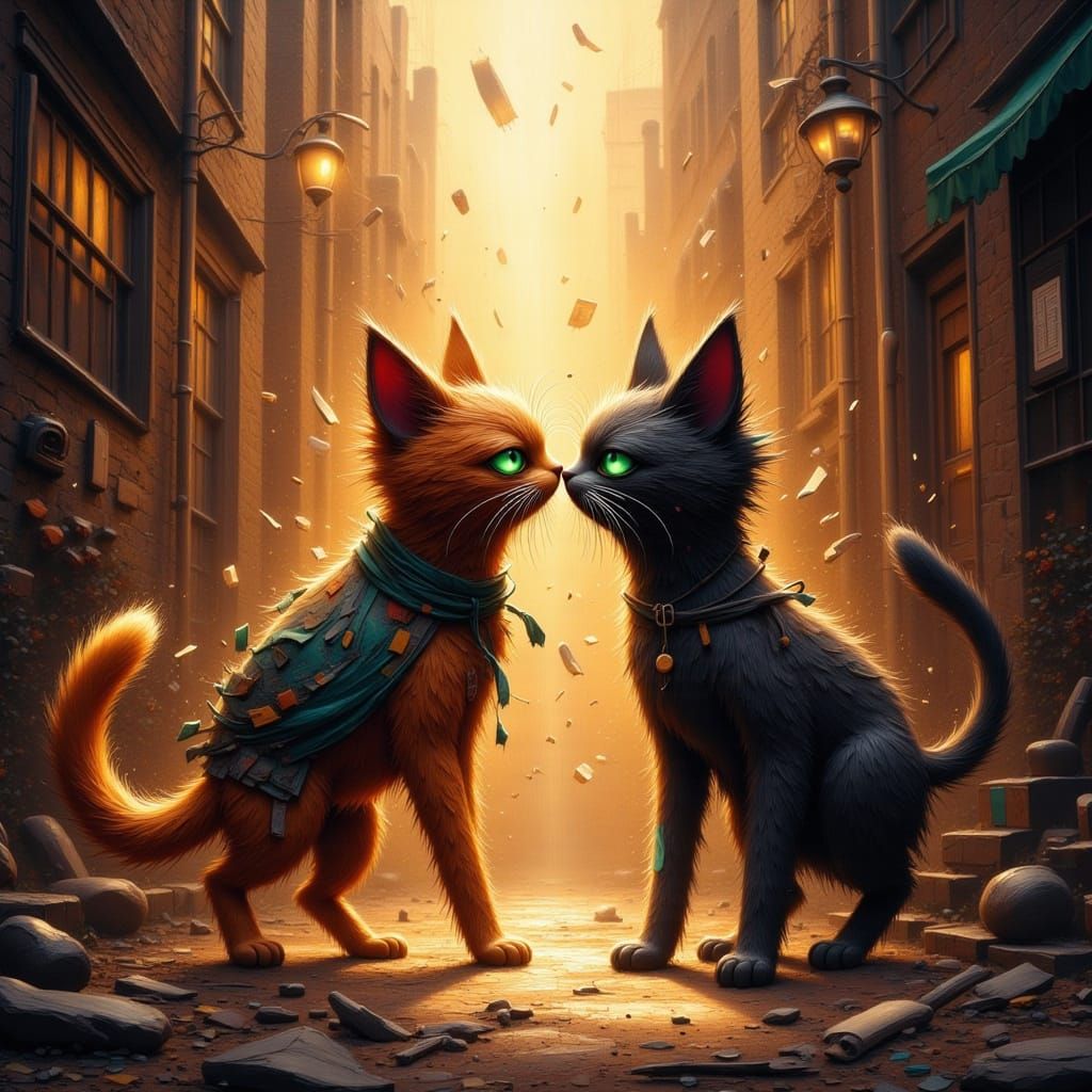 Anthropomorphic Cats Brawl in Gritty Alleyway