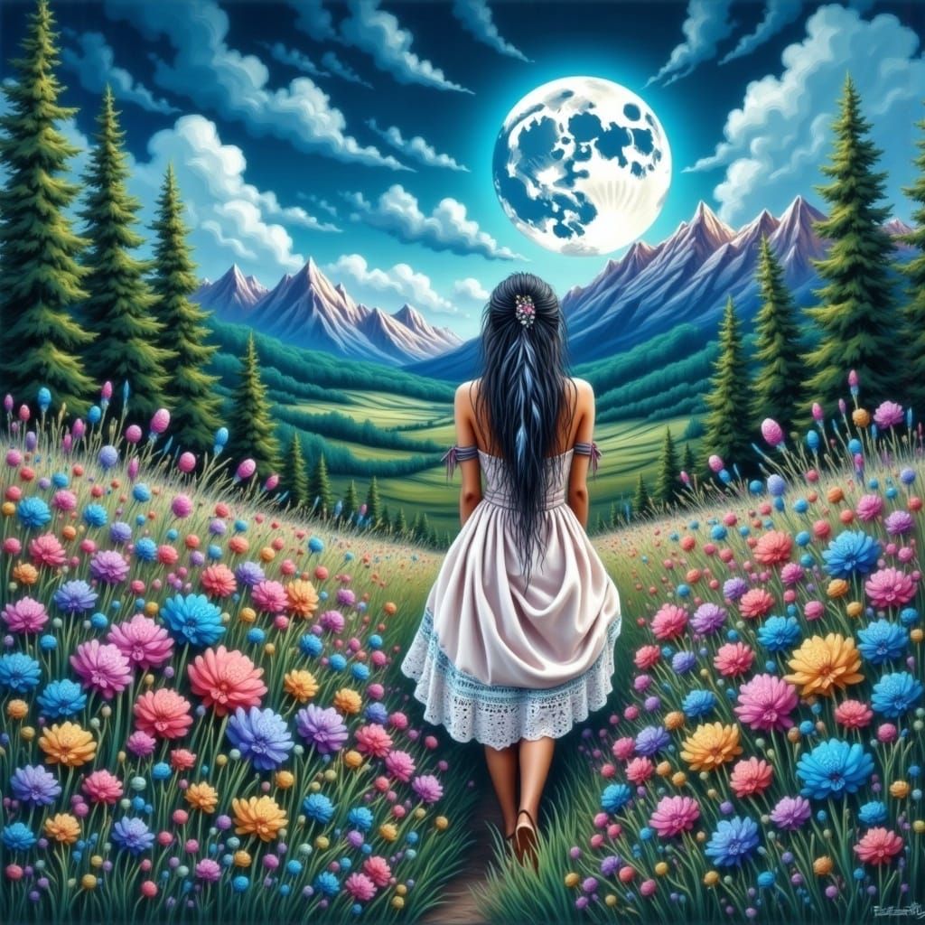 Hippy Woman with Feather Earrings Under Full Moon