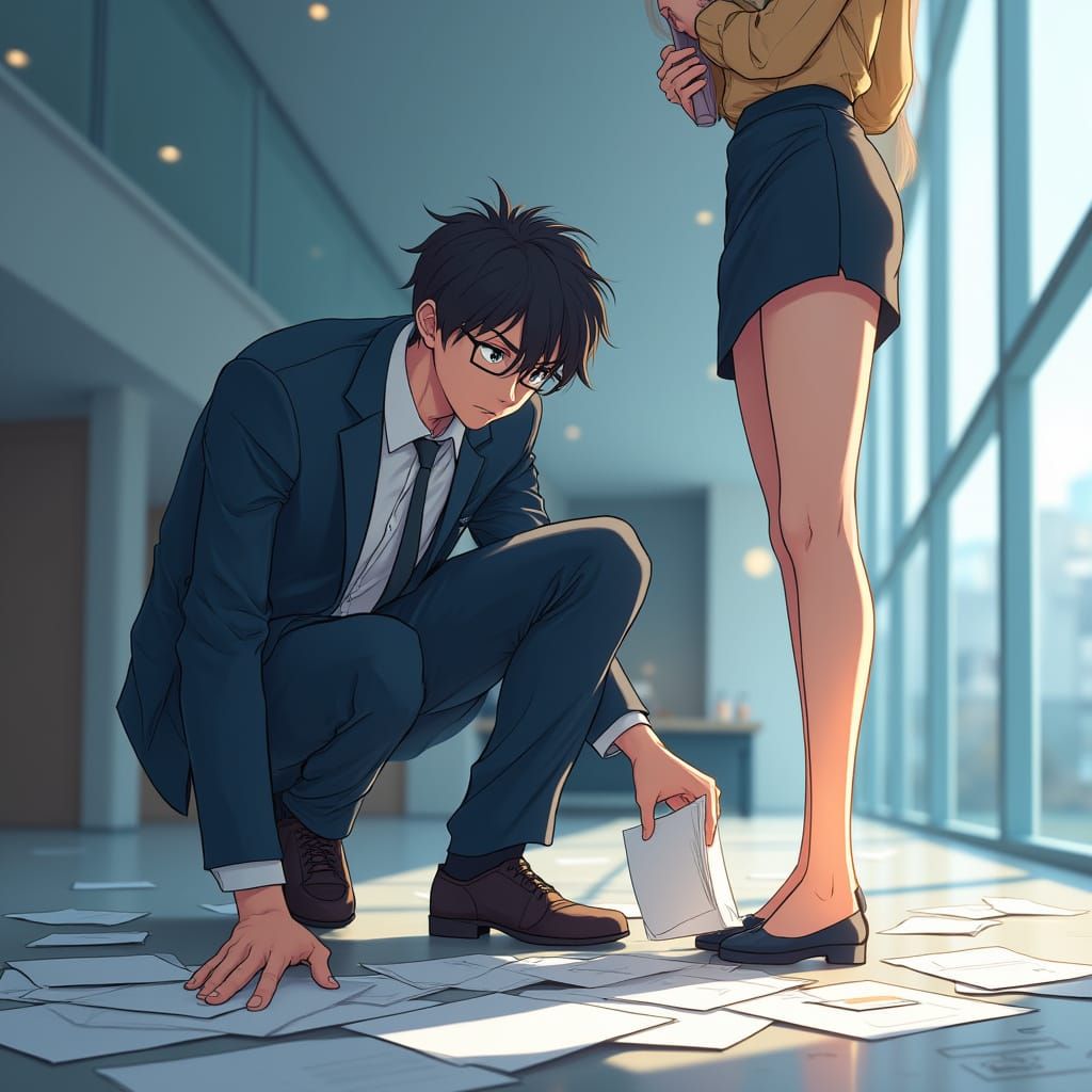 Anime Man Picking up Papers in Studio Trigger Style