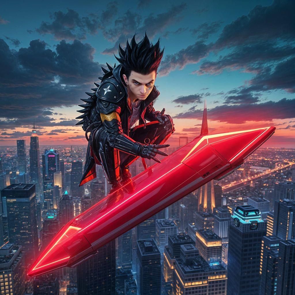 Punk Goth Skyboard Over Futuristic City in Anime Style