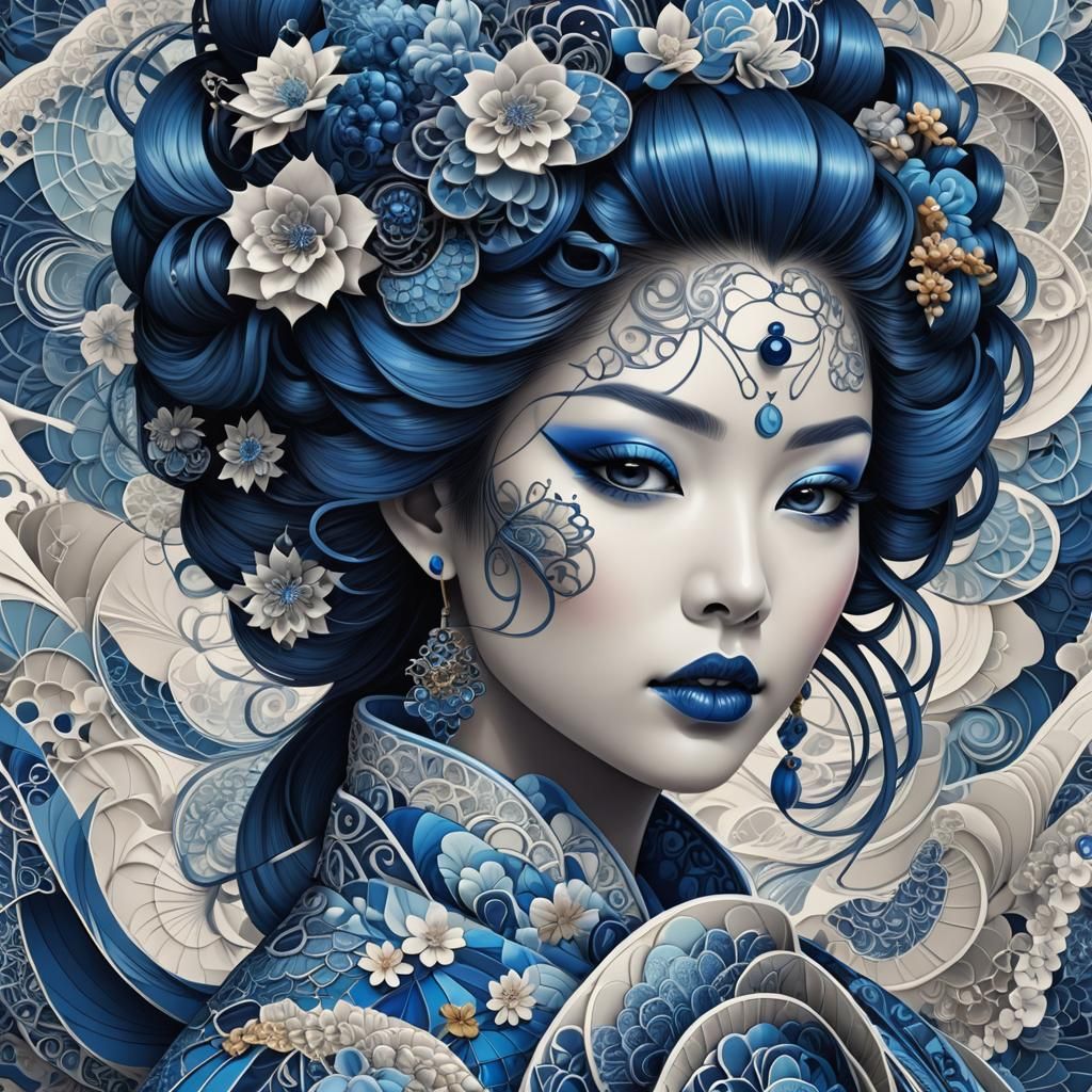 Blue Geisha in Fractal Geometric Zentangle Style