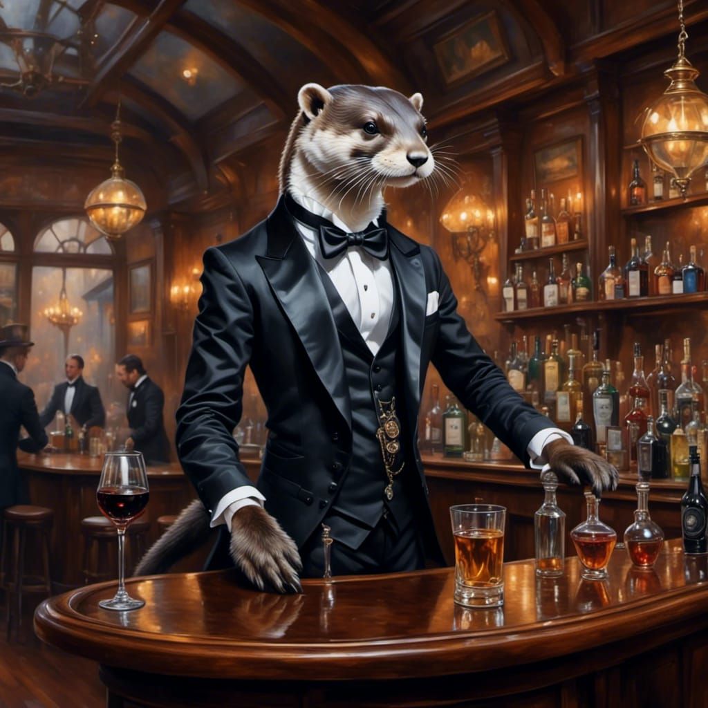 Anthro Otter Bartender in Fantasy Pub