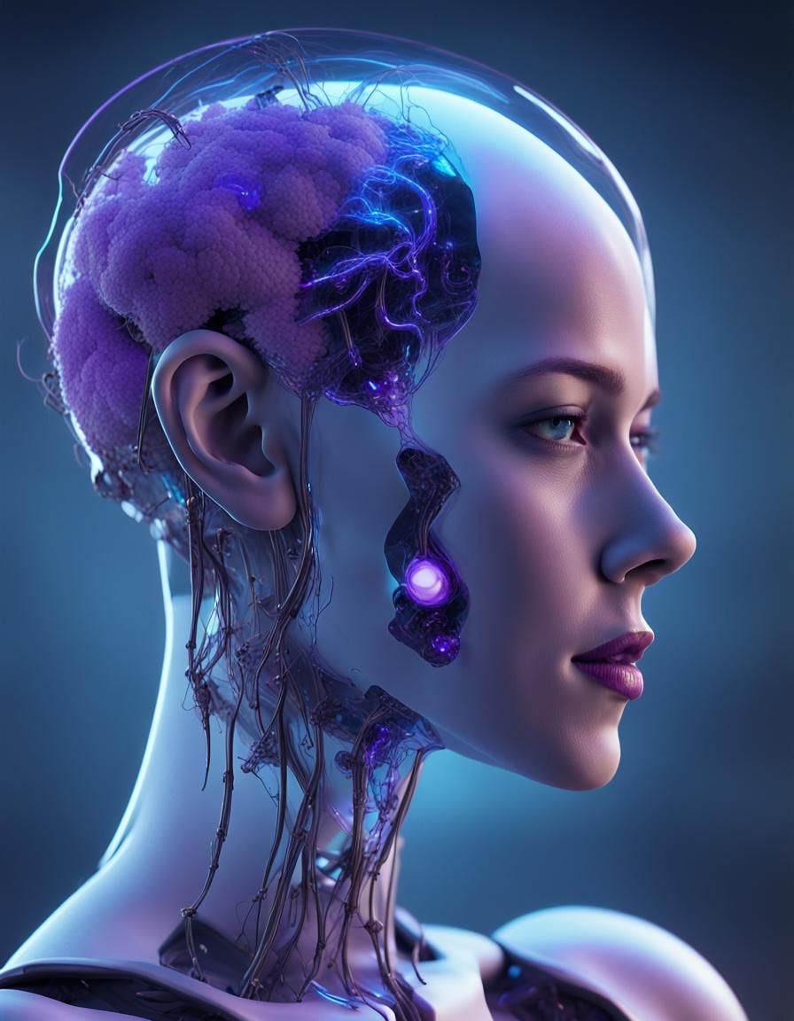 Bioluminescent Android Woman in Spaceship Interior