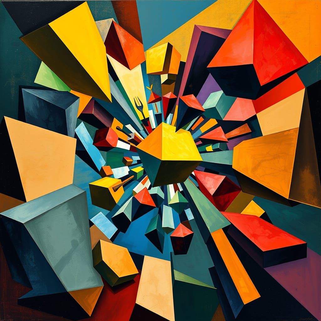 Vibrant Cubist Vortex: Swirling Geometric Forms