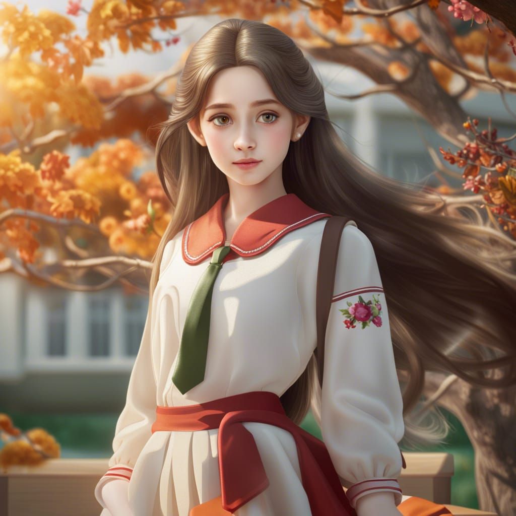 Girl in School Dress with Sakura Blossom Ornaments