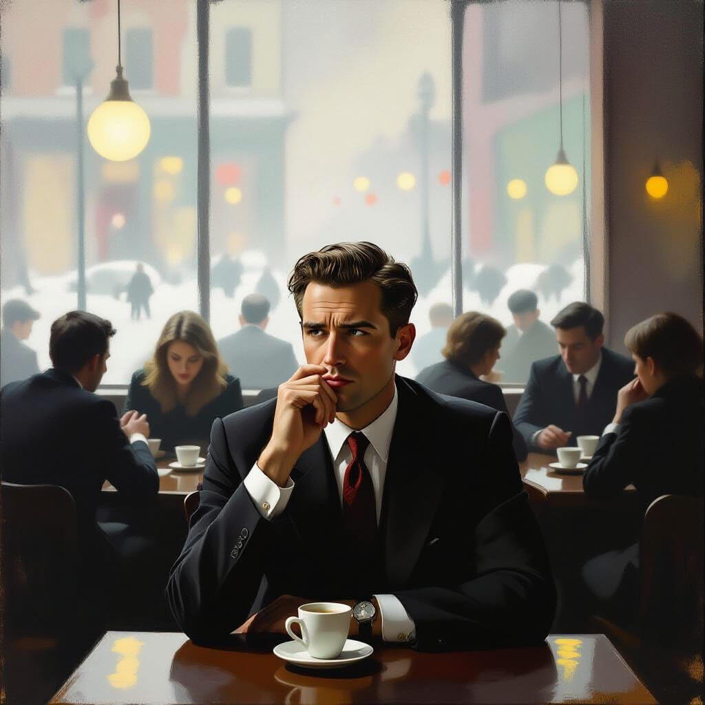 Melancholy Man in Urban Cafe, Hopper Style