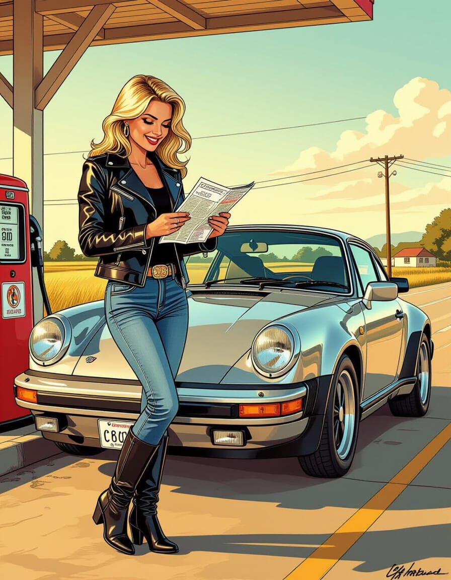 Blonde Woman at Gas Station in Comic Art Style